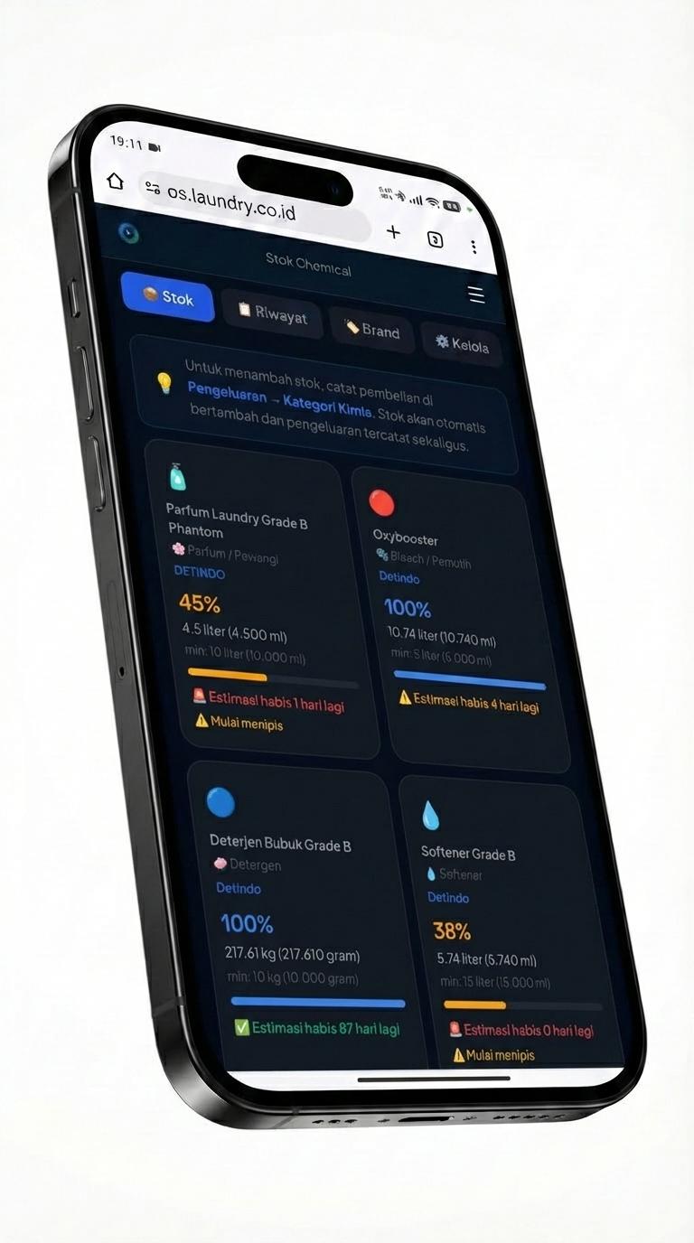 Tampilan modul stok chemical pada aplikasi laundry.